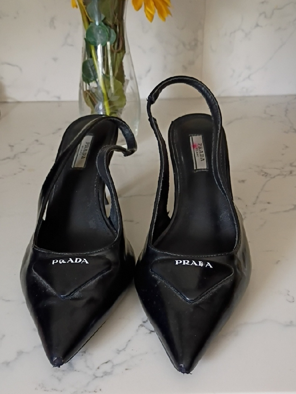 Prada Black Pointed Slingback Pumps with Logo Accent